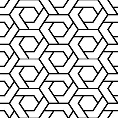 Seamless monochrome vector graphic of an array of interlinked hexagons each with an internal pattern