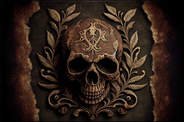 Skull and crossbones. Pirate old fabric with one patche texture. AI generated art illustration.