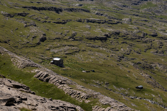 Goriz shelter, at the base of the lost mountain, at 2200 meters of altitude,, Aragonese Pyrenees