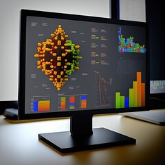 Computer screen displaying a scientific simulation or data analysis results, concept of data processing, graphical user interface (GUI), business analytics, created with Generative AI technology