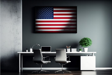 A business meeting room with  american flag