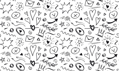 Doodle seamless pattern. Repeating design element for printing on fabric. Poster or banner for website. Love, crown, hearts and envelopes, romantic correspondence. Cartoon flat vector illustration