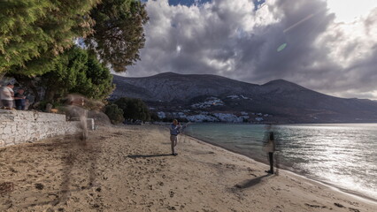 Panorama showing beach in Amorgos island aerial timelapse from above. Greece