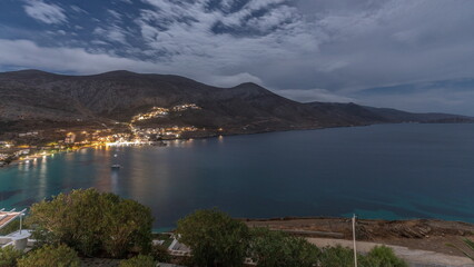 Panorama of Amorgos island night timelapse from above. Greece