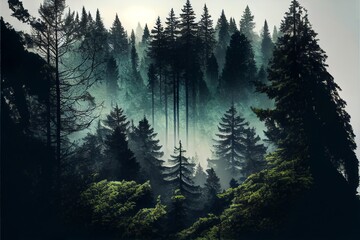 Forest landscape view from above. foggy forest.. Generative AI