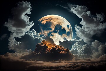 Naklejka na ściany i meble full moon and cloudy scene.. Generative AI