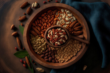 Spread out on the table are mixed nuts in a wooden dish. Pecan, almond, macadamia, and edible brazil nuts in a trail mix with walnut and hazelnut on a surface with a wood like texture. top view, copy