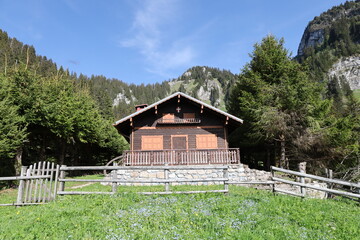 View on house in the Corbier Pass which is a French Alpine pass located in Haute-Savoie department 