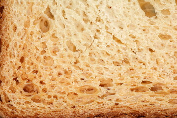 Close up roasted bread background texture. Macro photo