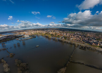 Aerial view of flooded Worcester in the UK floods