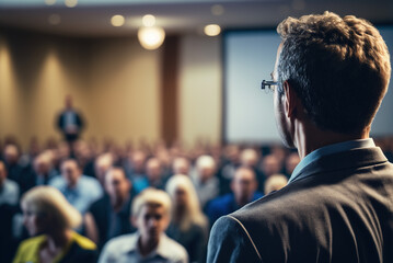 Fototapeta premium Audience at the conference hall, rear view of unrecognizable people