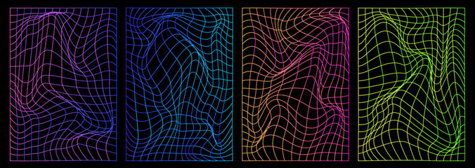 Set of distorted vertical  neon grid pattern. Retrowave, synthwave, rave, vaporwave. Blue, black, pink purple colors. Trendy retro 1980s, 90s, 2000s style. Print, poster, banner.	