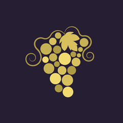Golden Grapevine with leaf. Grapes icon. Grape vector illustration on dark background.