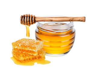 Honey isolated on white or transparent background. Jar with honey, honeycomb and honey dipper with...