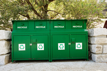 A row of recycling containers at the Wawona Tunnel Overlook, Yosemite National Park.