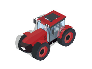 Isometric farm red tractor. Inventory for transporting crops and cleaning wheat fields. Poster or banner for website. Symbol of spring and summer time of year. Cartoon 3d vector illustration