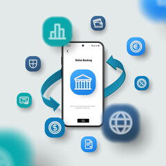 Online bank, login protect technology, smart wallet, security payment concept. Realistic smartphone mockup. 3d icons, arrows fly over screen. Business, finance application design. Vector, blur effect.