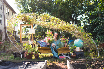 happy woman in styled garden scene