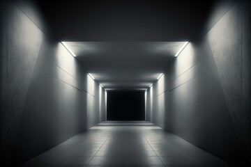 Concrete Metal Grunge Reflective Dark Modern Garage Showroom Tunnel Corridor Glowing White Glow Showcase in an Empty Space Illustration of the stage's underground hallway entrance. Generative AI