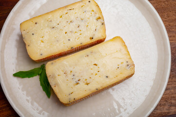 Italian cheese collection, yellow taleggio cheese with black truffles mushrooms