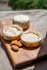 French cheeses Rocamadour and Saint-Marcellin served on olive tree wooden plank with almonds