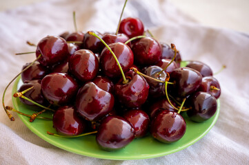 Giant fresh ripe black cherries, new harvest, ready to eat close up