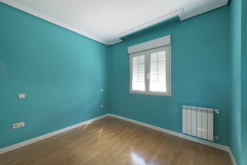 Empty room with oak floor and blue walls with molded plaster ceiling and white aluminum radiator