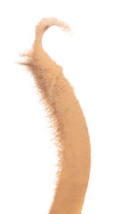 Small Fine size Sand flying explosion, Golden grain wave explode. Abstract cloud fly. Yellow colored sand splash throwing Air. White background Isolated high speed shutter, throwing freeze stop motion