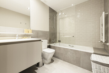 Bathroom with a smooth gray wooden sink cabinet under a frameless wall-mounted mirror and a...