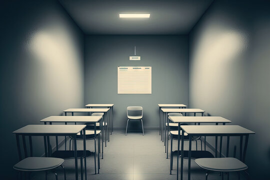 Empty classroom or examination room with test papers on the desk prepared prior to the students final exam educational concept background of teaching or lecture room and learning center. Generative AI