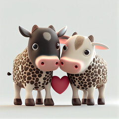 Cow and bull couple in love with hearts, valentine's day card 3d render illustration