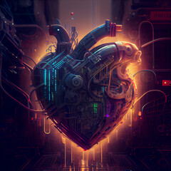 Cyberpunk heart with neon lights, futuristic heart love 3d render illustration