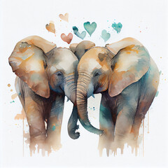 Watercolor elephant couple in love with hearts, valentine's day card illustration