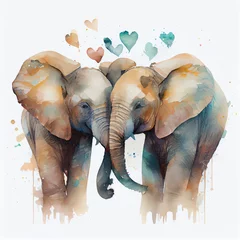 Foto op Aluminium Watercolor elephant couple in love with hearts, valentine's day card illustration © Alguien