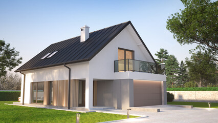 Fototapeta na wymiar Single family house, exterior view, 3D illustration