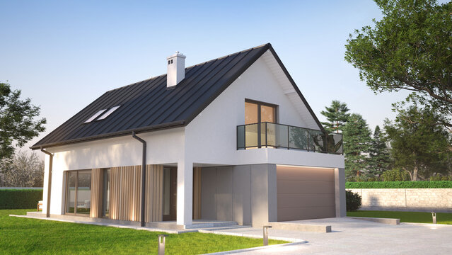 Single family house, exterior view, 3D illustration