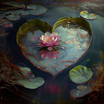 Water lilies plants in heart shaped, pond background painting illustration