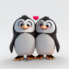 Naklejka premium Cute penguin couple in love with hearts, 3d render cartoon illustration
