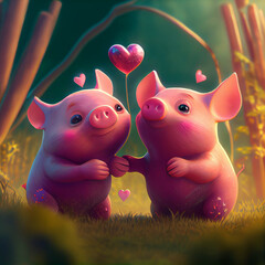 Cute pig couple in love with hearts, 3d render cartoon illustration