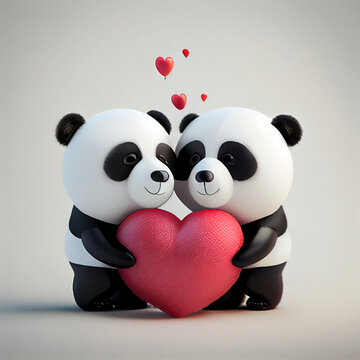 Cute panda bear couple in love with hearts, 3d render cartoon illustration
