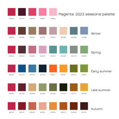 Magenta color of the year 2023 seasons palette. Winter, spring, early summer, late summer, autumn color samples with codes. Color trends concept.