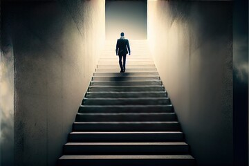 Ambitious business man climbing stairs to meet incoming  with Generative AI