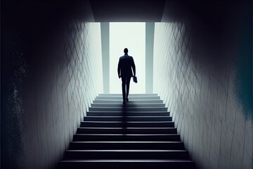 Ambitious business man climbing stairs to meet incoming  with Generative AI