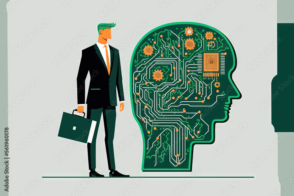 Poster a businessman and a brain with printed circuit board (pcb) design are meant to represent topics like
