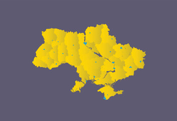 Map of Ukraine with rivers and lakes. The map shows oblasts and small maps of their centers (in blue).  - 561960353