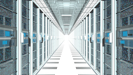 Data center corridor with white servers with blue lights projecting to infinity with white light at the end of the servers. 3d Illustration