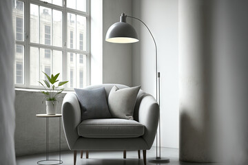 Lamp on table next to grey settee in white loft interior with armchair and copy space. Real photo. Generative AI