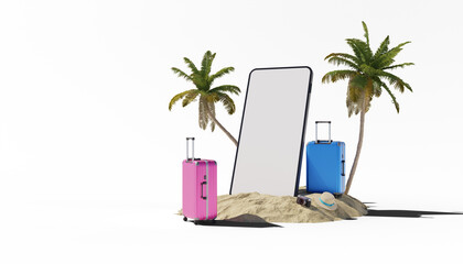 travel mobile mockup with travel bag, 3d rendering