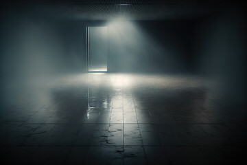 Dark concrete floor with a mist or fog texture. Generative AI