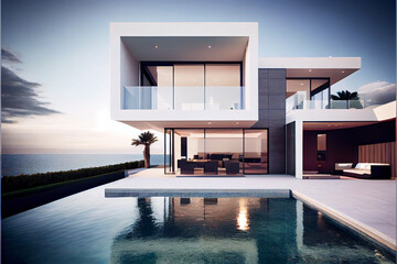 Luxury residential villa. Modern architecture with beautiful swimming pool and sea view. Generative AI illustration